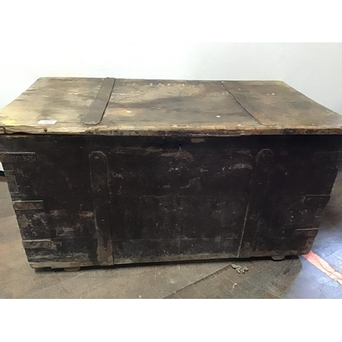 389 - MILITARY STYLE WOODEN TRUNK WITH IRON STRAPWORK A/F
L 36