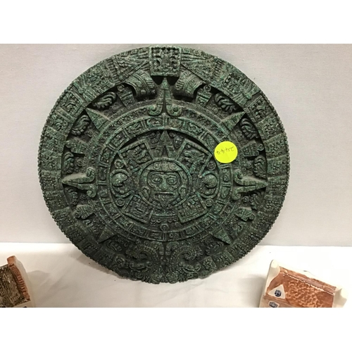 397 - QTY OF ORNAMENTS TO INCLUDE CERAMICS, COTTAGES, AND AN AZTEC PLAQUE