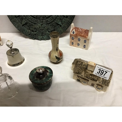 397 - QTY OF ORNAMENTS TO INCLUDE CERAMICS, COTTAGES, AND AN AZTEC PLAQUE