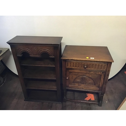 398 - PRIORY OAK CABINET WITH DOOR AND DRAWER AND A PRIORY OAK OPEN BOOKCASE
H 66