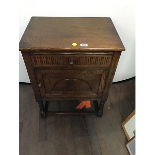 398 - PRIORY OAK CABINET WITH DOOR AND DRAWER AND A PRIORY OAK OPEN BOOKCASE
H 66