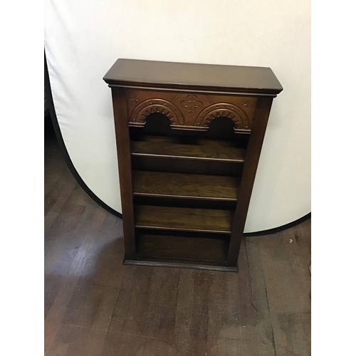 398 - PRIORY OAK CABINET WITH DOOR AND DRAWER AND A PRIORY OAK OPEN BOOKCASE
H 66