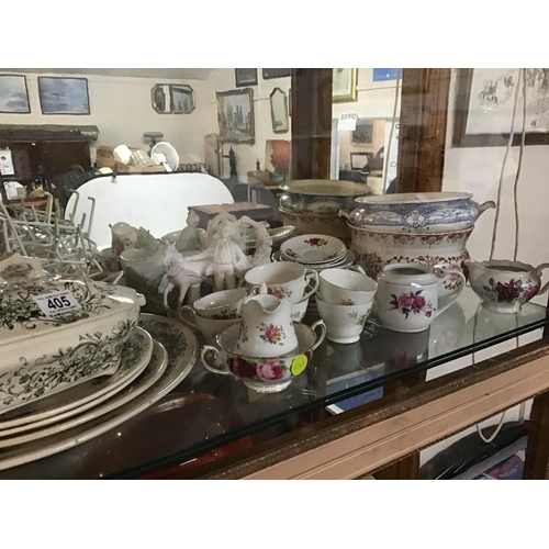 405 - LARGE QTY OF CHINA TO INCLUDE CHAMBER POT, WASH BOWLS ETC