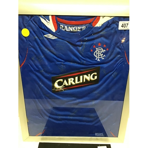 407 - FRAMED RANGERS SHIRT SIGNED AND A HISTORY OF RANGERS BOOK FROM 1919