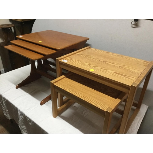 410 - RETRO TEAK NEST OF 3 TABLES AND 2 PINE TABLES