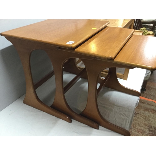 410 - RETRO TEAK NEST OF 3 TABLES AND 2 PINE TABLES