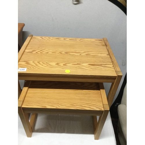 410 - RETRO TEAK NEST OF 3 TABLES AND 2 PINE TABLES