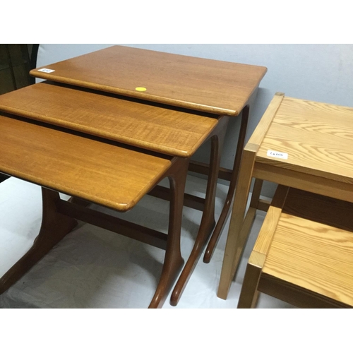 410 - RETRO TEAK NEST OF 3 TABLES AND 2 PINE TABLES