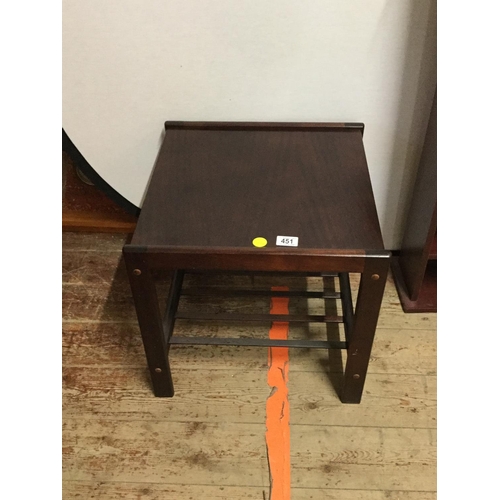 451 - MODERN MAHOGANY SIDE TABLE, FOOTSTOOL AND A CD RACK