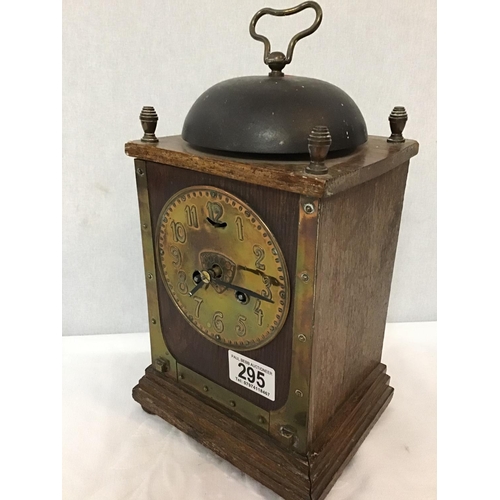 295 - ARTS AND CRAFTS STYLE OAK MANTLE CLOCK WITH BRASS DIAL AND DETAILS