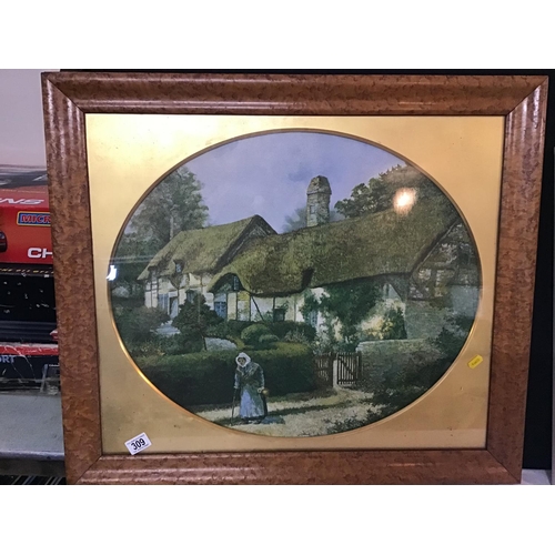 309 - FRAMED STILL LIFE PAINTING ON BOARD SIGNED M K Q AND A FRAMED PRINT OF A COTTAGE