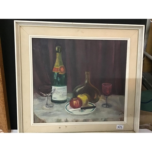 309 - FRAMED STILL LIFE PAINTING ON BOARD SIGNED M K Q AND A FRAMED PRINT OF A COTTAGE