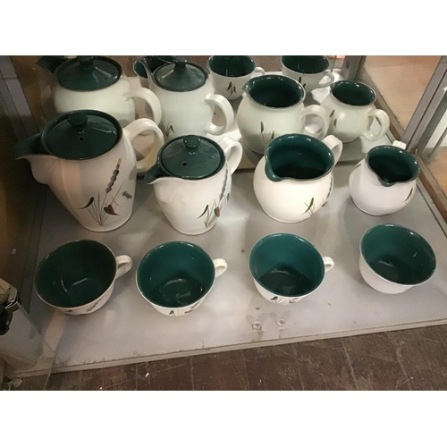 311 - 5 SHELVES OF DENBY GREEN WHEAT CHINA TO INCLUDE TEA POTS, VEGETABLE DISHES, JUGS ETC