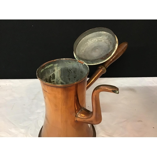 318 - ANTIQUE COPPER CHOCOLATE POT WITH TURNED HANDLE (HAS BEEN REPAIRED)