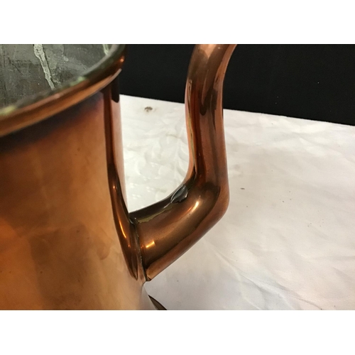 318 - ANTIQUE COPPER CHOCOLATE POT WITH TURNED HANDLE (HAS BEEN REPAIRED)