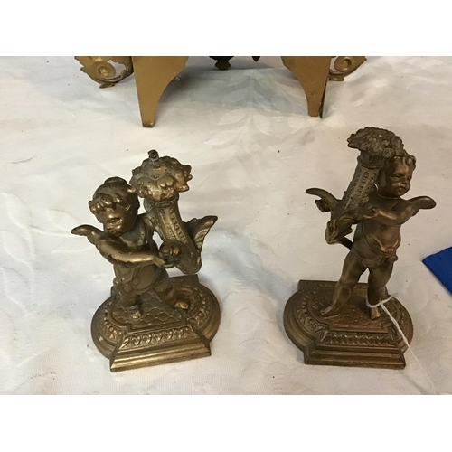 326 - ANTIQUE GILT SPELTER MANTLE CLOCK AND A PAIR OF CHERUB ORNAMENTS