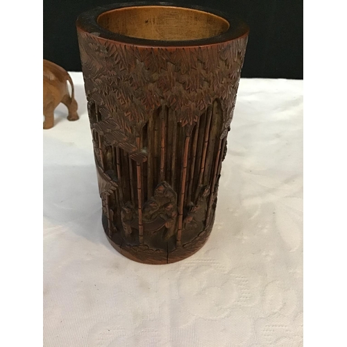 327 - ORIENTAL CARVED BAMBOO POT AND A QTY OF SUNDRIES