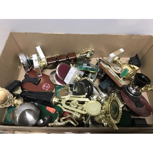 540 - BOX OF TROPHYS AND SILVER PLATED ITEMS