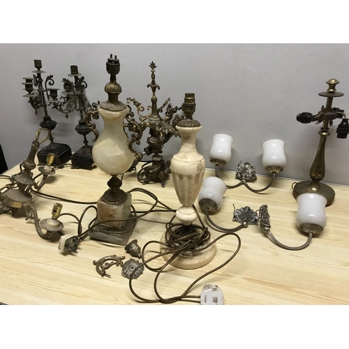 543 - BOX OF VINTAGE LAMPS AND CANDELABRAS  ETC