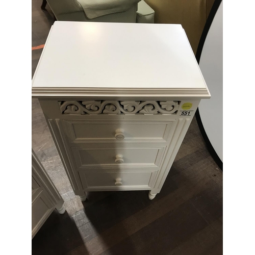 551 - PAIR OF WHITE PAINTED 3 DRAWER BEDSIDE CABINETS
H 28