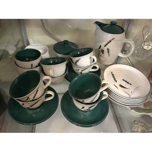 353 - 4 SHELVES OF DENBY GREEN WHEAT TO INCLUDE TEA POTS, SOUP DISHES ETC