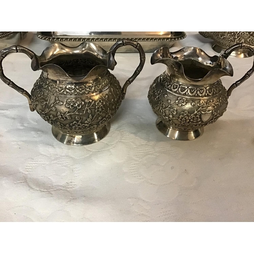 372 - WHITE METAL ORIENTAL  3 PIECE TEA SET A/F AND 2 PLATED VEGETABLE DISHES WITH COVERS