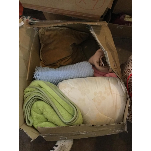 564 - 2 BOXES OF BLANKETS CUSHIONS QUILTS ETC