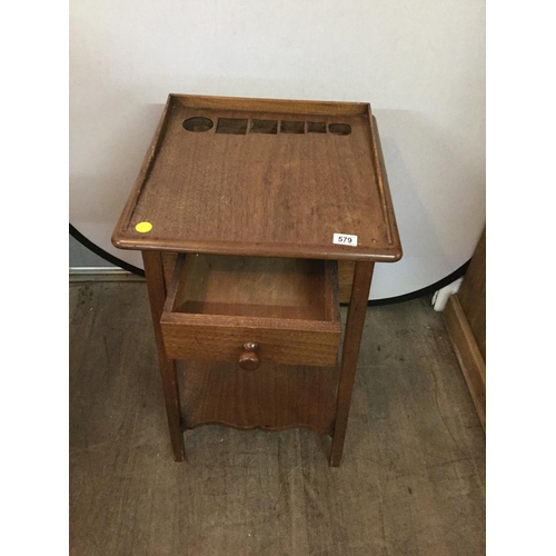 579 - MAHOGANY STRETCHERED WORK TABLE WITH DRAWER  - CUT OUT INSERTS TO TOP AND PULL OUT SLIDE
H 33.5