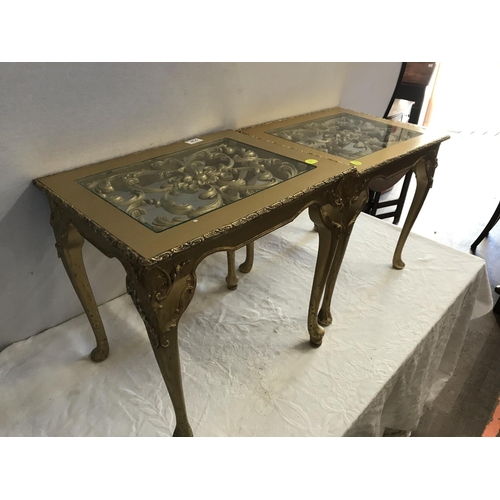 475 - PAIR OF DECORATIVE GLASS TOPPED GOLD PAINTED LAMP TABLES