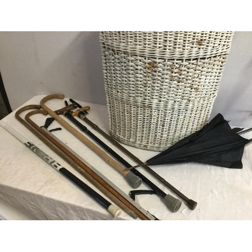 524 - PAINTED CORNER LINEN BASKET WALKING STICKS ETC