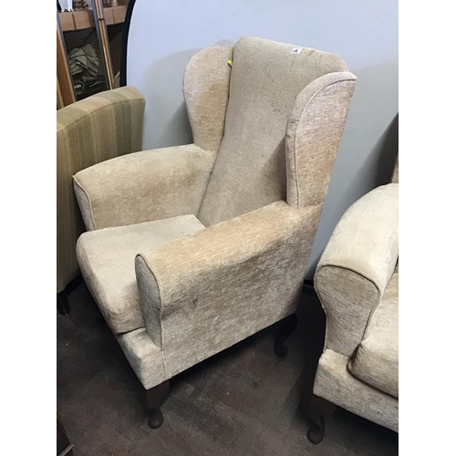 484 - PAIR OF BEIGE UPHOLSTERED WINGBACK FIRESIDE CHAIRS ON CABRIOLE LEGS