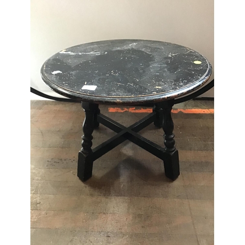 592 - TRIPOD TABLE AND A STRETCHERED COFFEE TABLE