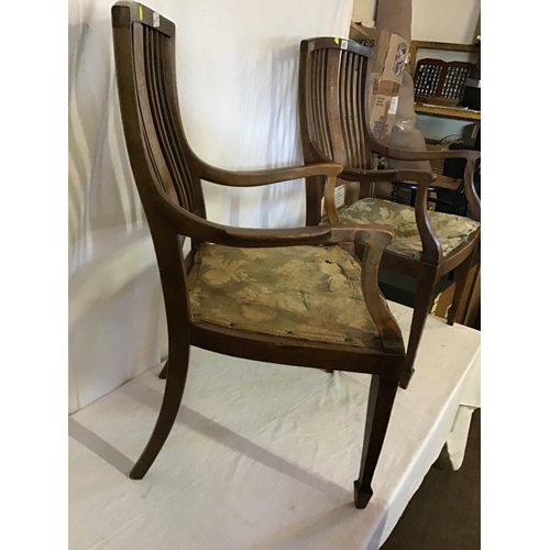 607 - PAIR OF MAHOGANY INLAYED ARMCHAIRS A/F