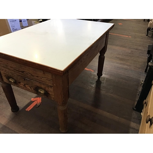 754 - VICTORIAN PITCH PINE KITCHEN TABLE WITH DRAWERS
H 32