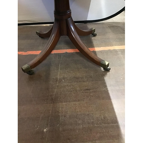 633 - VICTORIAN MAHOGANY  INLAYED DROP LEAF PEDESTAL TABLE ON BRASS CASTORS
L 40