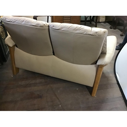 641 - LEATHER 2 SEATER SETTEE WITH TEAK FRAME