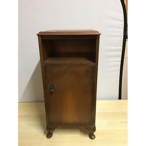 663 - WALNUT VENEERED BEDSIDE CABINET SMALL CARVED TABLE AND A HALL STAND