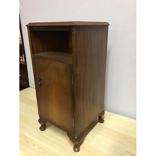 663 - WALNUT VENEERED BEDSIDE CABINET SMALL CARVED TABLE AND A HALL STAND