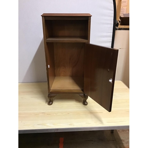 663 - WALNUT VENEERED BEDSIDE CABINET SMALL CARVED TABLE AND A HALL STAND