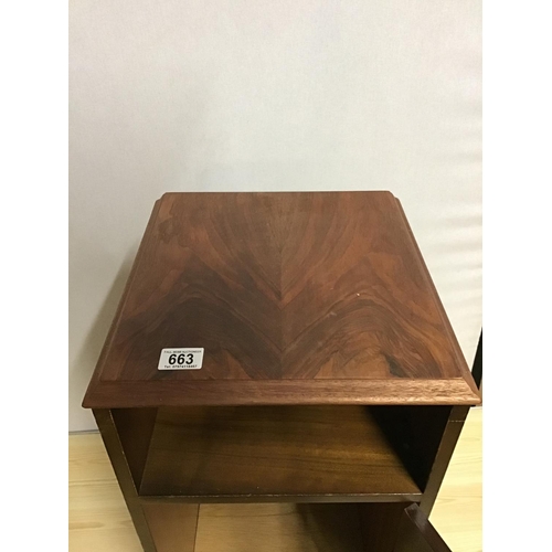 663 - WALNUT VENEERED BEDSIDE CABINET SMALL CARVED TABLE AND A HALL STAND