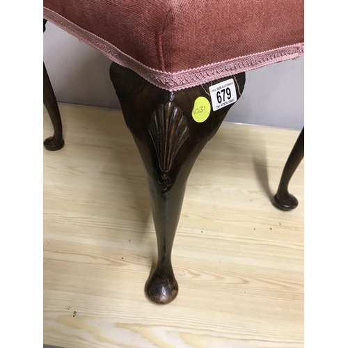 679 - MAHOGANY  UPHOLSTERED  BEDROOM STOOL ON CABRIOLE LEGS
H 19