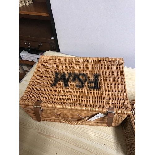 684 - 3 WICKER BASKETS  MARKED F AND M