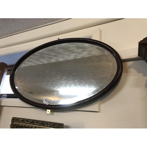 703 - VICTORIAN OVER MANTLE MIRROR A/F AN OVAL MIRROR AND A GILT FRAMED WALL MIRROR