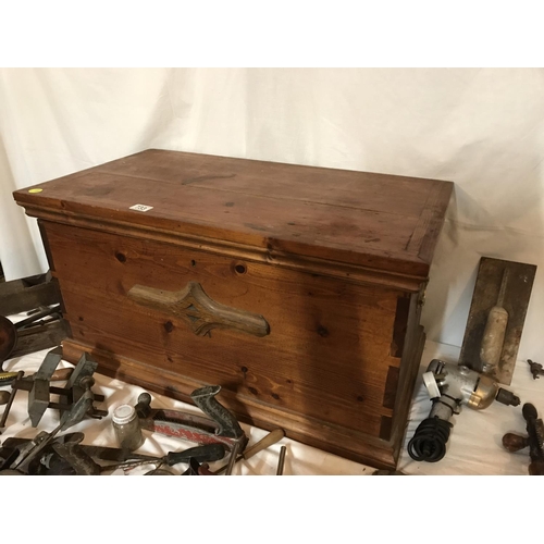 733 - PINE BOX WITH VICTORIAN  TOOLS
H 17