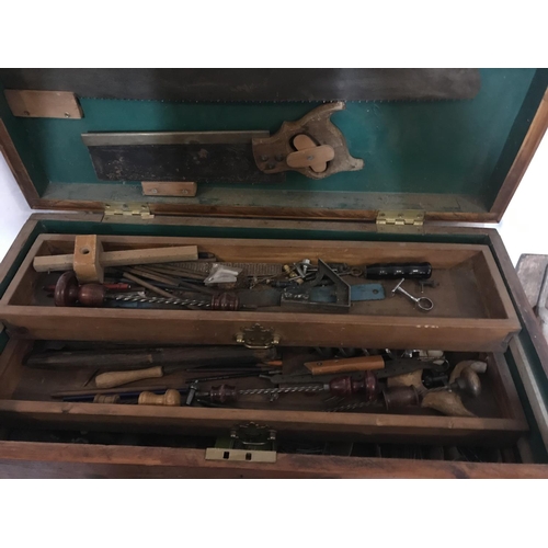 733 - PINE BOX WITH VICTORIAN  TOOLS
H 17