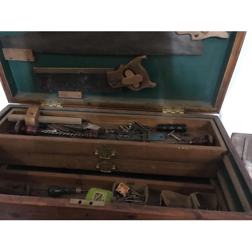 733 - PINE BOX WITH VICTORIAN  TOOLS
H 17