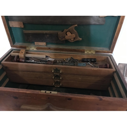 733 - PINE BOX WITH VICTORIAN  TOOLS
H 17