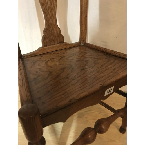 742 - EARLY OAK STRETCHERED HALL CHAIR