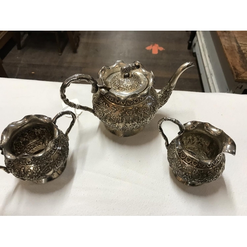 372 - WHITE METAL ORIENTAL  3 PIECE TEA SET A/F AND 2 PLATED VEGETABLE DISHES WITH COVERS