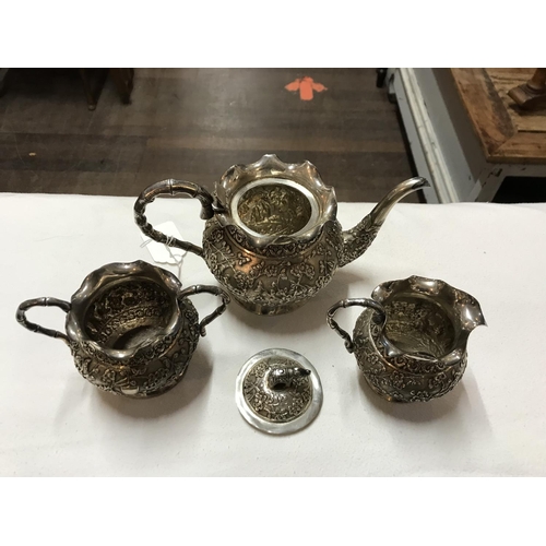 372 - WHITE METAL ORIENTAL  3 PIECE TEA SET A/F AND 2 PLATED VEGETABLE DISHES WITH COVERS